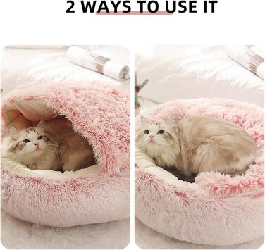 Килимок для кота, песика, гніздо-печери, круглий, м'який плюш, з капюшоном, пончик, теплий лежак для домашніх тварин, самопідігріваючий, 60 x 60 см (Рожевий)