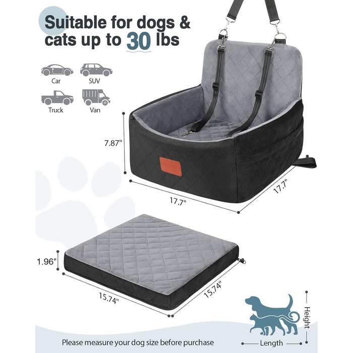 Автокрісло для собак маленьких порід, переносна лежанка для собак з memory foam, знімний та пральний чохол, автокрісло для собак з 3-точковими ременями безпеки (Чорний/Сірий, Маленький)