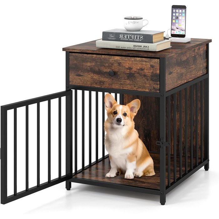 Клітка для собак COSTWAY з зарядною станцією, ящиком та металевими трубами, вінтажний колір, 50x60x64 см