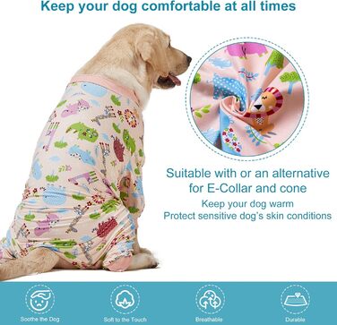 LovinPet Одяг для великих собак: піжама для собак великих порід, вузька посадка, легкий пуловер, повне покриття, з принтом рожевого кольору, розмір 3XL