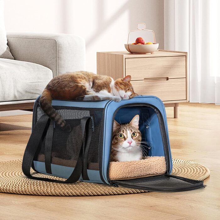 Транспортна сумка для котів і собак Petsfit, автомобільна переноска з 2 кріпленнями для ременя безпеки, складана сумка з подушкою і 4-сітчастими стінками