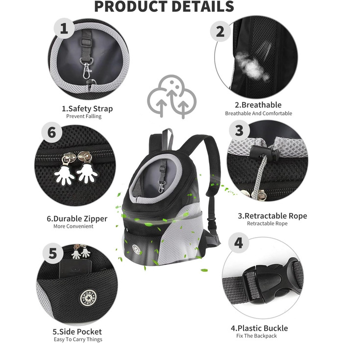 PETCUTE Рюкзак-переноска для собак і котів, чорний, з регульованим ременем, водонепроникним дном та дихаючою передньою кишенею