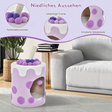 Кігтеточка GYMAX для котів, будиночок-кігтеточка, кігтеточний комплекс з будиночком, іграшками, 37x37x67 см (фіолетовий)