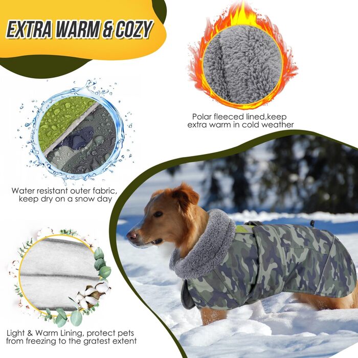 Зимовий собачий одяг SlowTon: водонепроникний, регульований, з флісовою підкладкою, з коміром-стойкою та шнурком, для малих, середніх та великих собак, Tarngrün (L)