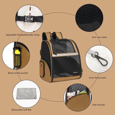 Рюкзак-переноска для собак і котів, дихаючий сітчастий рюкзак, складний, для подорожей, кемпінгу, до ветеринара, до 6,8 кг (Коричневий)