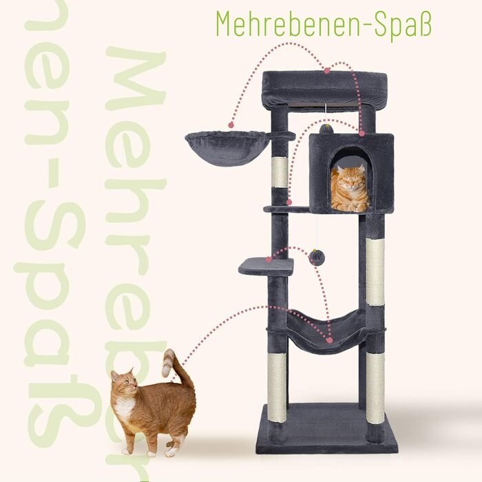 Котячий комплекс LEEJARD XXL: великий дерев'яний будиночок для котів з платформами, когтеточками, будиночком, гамаком, іграшками та захистом від перекидання (148 см, темно-сірий)