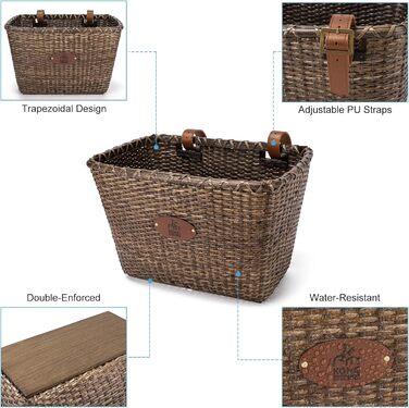 KONG MING CAR Кошик на велосипед – Ретро дизайн, міцний кошик на кермо з дерев'яною підкладкою та шкіряними ручками, ідеальний як передній кошик для велосипеда (Темно-коричневий)