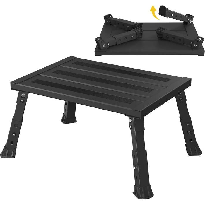 Алюмінієва розкладна сходинка-підставка, 300 кг, 3 сходинки, регульована висота, широка антиковзка поверхня, для автодому, саду та сходинок для собак, легка та складна (Чорний)