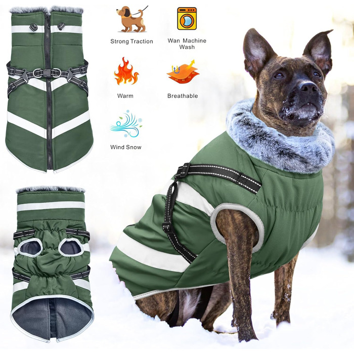 Водонепроникні куртки для собак, зимові теплі куртки для собак, одяг для домашніх тварин з відбиваючими елементами, куртки для собак у холодну погоду, затишні костюми від снігу, куртки та жилети для маленьких, середніх та великих собак (Зелений, 5XL)