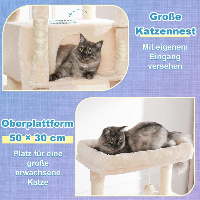 Комплекс для котів Hey-Brother Kratzbaum 182 см: Дряпка-стовпчик для великих котів з лежаками, будиночком та іграшками (бежевий)