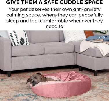 Кругла лежанка для собак Furhaven Donut з капюшоном, рожевий колір, розмір Small (61x61x18 см), плюш, вельвет, для заспокоєння, миється