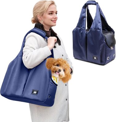 PETCUTE Сумка-переноска для собак та котів, дихаюча, з матом, на плече, з лінійкою безпеки та кишенями, для маленьких та середніх собак, цуценят та котів (Темно-синій)