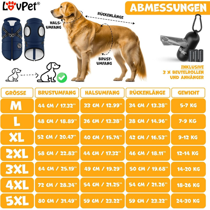 LOVPET® Зимова куртка для собак 4XL, водонепроникна, утеплена, з вбудованим шлейкою, рефлекторами та D-кільцем, темно-синя, у комплекті 45 пакетів для прибирання та диспенсер