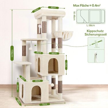 Драбина для котів Globlazer XL, бежева, 156 см: стабільна, з будиночком, платформами та сизалевими стовпчиками