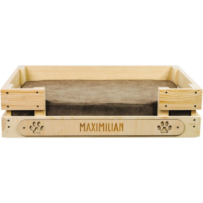 Персоналізоване ліжко для котів LAUBLUST з іменем - гравіювання лапок та імені - котяче ліжко/софа для великих та маленьких котів | Ліжко-лежанка з дерева з подушкою | приблизно 60x40x15см, коричневе з коричневою подушкою
