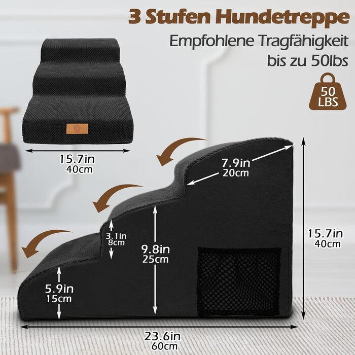 Сходинка для собак Eukue 3 сходинки, для маленьких собак та котів, портативна рампочка для ліжка та дивану, з високощільним шаром піни та чохлом, чорного кольору