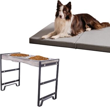 Підвищена годівниця для собак Satauko з 3 рівнями регулювання, дерев'яна годівниця для великих собак з двома мисками з нержавіючої сталі, протиковзна годівниця, миска для води та їжі. Сіра