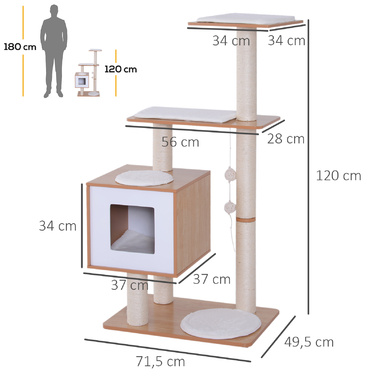 PawHut Cat Tree Натуральне дерево з оббивкою Cat Cave Сизалева колона Лежача поверхня Ігрове дерево для кішок 71,5 x 49,5 x 120 см