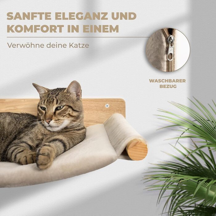WOOWOOD® Стіна для котів із масиву дерева з 2 сходами, гамаком і когтеточкою – настінний комплекс для котів, меблі для лазіння, кріплення на стіну
