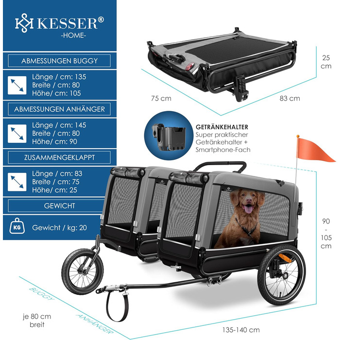 KESSER® Візок для собак Боксер 3-в-1: візок, бугель та велосипедний причіп. Великий об'єм 240 літрів, амортизація, поворотне переднє колесо 360°, матеріал 600D Oxford Canvas, SmartSpace, вантажопідйомність до 40 кг, сірий колір.