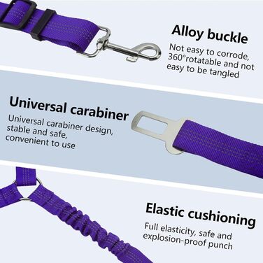 Ремінь безпеки для собак у машину, подвійний, еластичний, регульований, з амортизатором та карабіном для маленьких та середніх собак (фіолетовий)