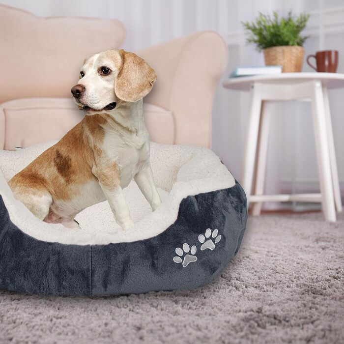 М'яке та пухнасте ліжко для собак та котів 57x52x16 см - зручне лежання з підвищеним бортиком, антиковзаюче дно, міцне та легке у догляді - біле/графіт