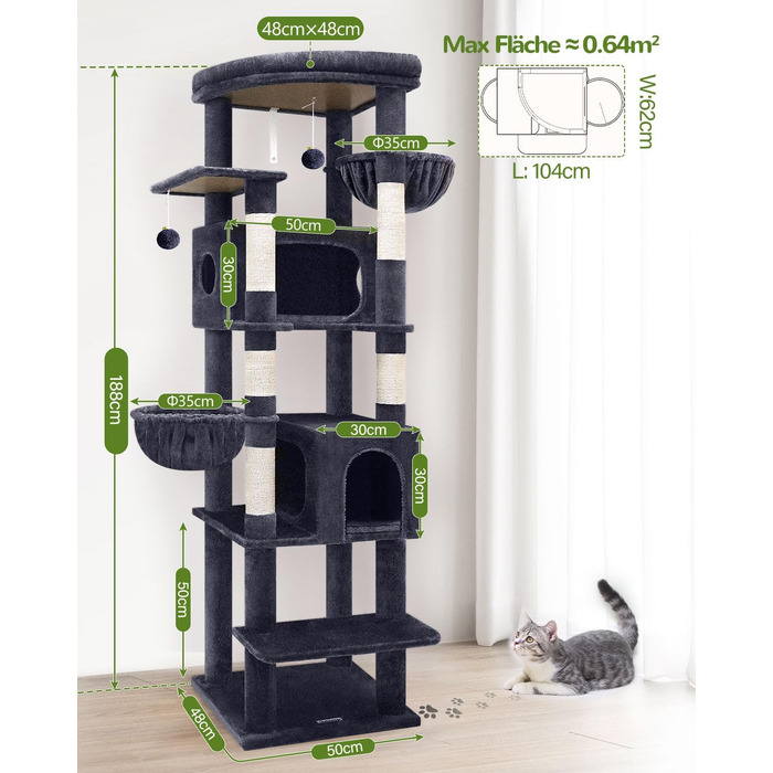 Драбина для котів Globlazer XXL, 188 см, з будиночком, платформами та кошиками. Стабільна, не перекидається, для великих котів. Темно-сірий (S74)