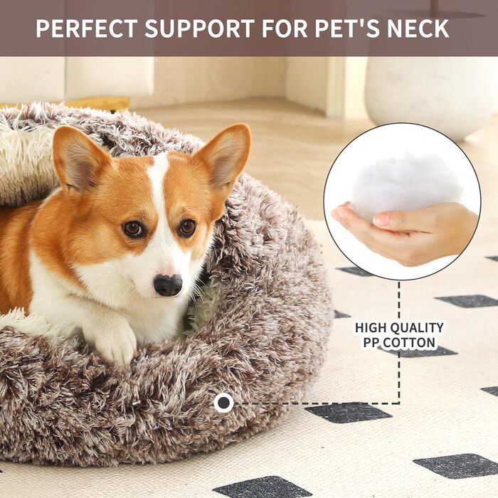 Кругле ліжко для собак та котів з капюшоном, плюшеве, гніздо, самонагріваюче, антистрес, велике (27.5'') коричневе