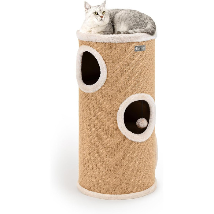 Котячий когтетоп Lionto з сизалю з іграшковим м'ячиком та плюшевим обідком, висота 50 см. Стабільний когтетоп для кошенят та дорослих котів, ідеальний догляд за кігтями та розваги, багато місць для хованнів, діаметр 36 см, висота 50 см (джут, висота 70 см