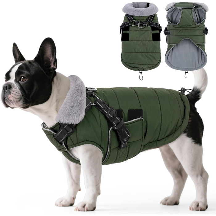 Зимовий теплий накид для собак ASENKU (S, M, L, XL) – водонепроникний, вітронепроникний, з відбиваючими елементами, з нагрудником, для маленьких, середніх та великих собак, зелений