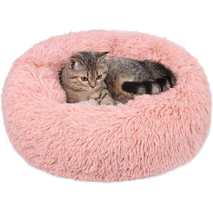Кругле котяче ліжко Donut 50,8 см рожеве, м'яке, пухнасте, заспокійливе, антистрес, для котів в приміщенні, середній розмір, пране