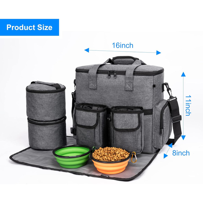 Сумка-переноска для собак Modoker, схвалена авіакомпаніями, органайзер для домашніх тварин з плечовим ременем, 2 контейнери для корму для собак, 2 складні миски для собак, темно-сірий