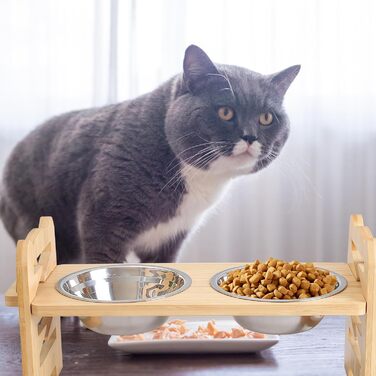 Підвищена годівниця для собак з бамбука з регулюванням висоти, 2 миски з нержавіючої сталі, нахилена годівниця для собак і котів, довговічна