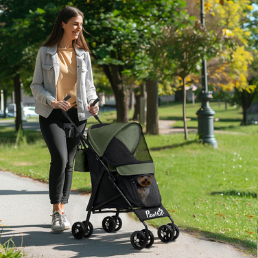 PawHut Коляска для собак Dogs Buggy складна для собак і кішок до 4 кг Cat Buggy з сітчастими вікнами, плечовий ремінь, сумка для зберігання, підстаканник Парасолька Коляска для кішок темно-зелена | Аосом