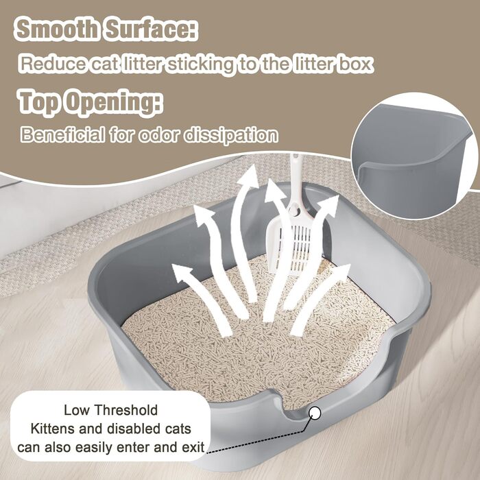 Відкритий лоток для котів Pawsayes з високими бортиками та низьким порогом, захист від розбризкування наповнювача, сірий колір