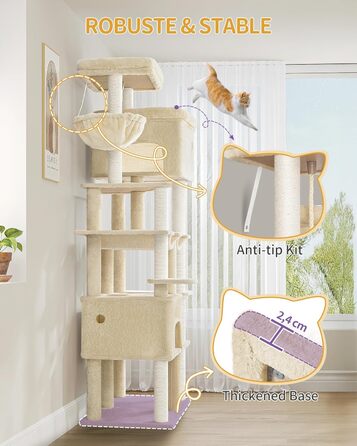 Кігтеточка Hzuaneri XXL 200 см з 10 стовпчиками, 2 печерами, 2 гамаками, великою платформою, щітками для котів, кошиком. Підходить для Maine Coon та великих котів (Бежевий)