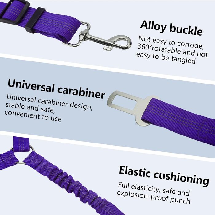 Ремінь безпеки для собак у машину, подвійний, еластичний, регульований, з амортизатором та карабіном для маленьких та середніх собак (фіолетовий)