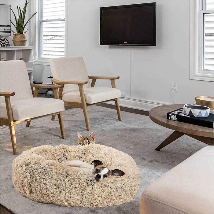 Заспокійнельне ліжко для собак, Donut-дизайн, плюш, з блискавкою, придатне для прання в машині, ліжко для маленьких тварин, собак, котів, кошенят та цуценят, 50 см (XL /80 см, Бежевий)