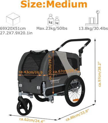 DOGGYHUT® Преміум причіп-візок для собак 2-в-1, велосипедний і біговий, для собак до 23 кг