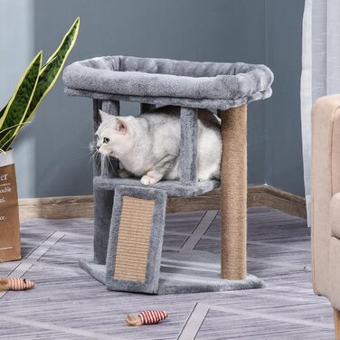 PawHut Когтеточка для котів 57 см з будиночком, лежанкою, іграшкою та дряпкою, меблі для котів до 5 кг, світло-сіра