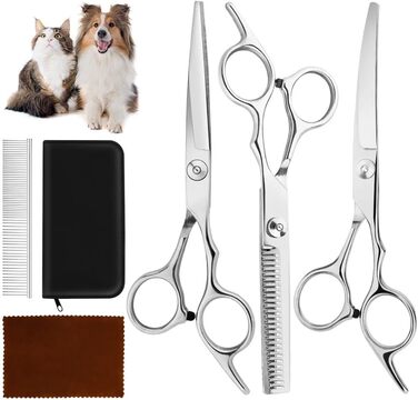 Набір професійних ножиць для собак 3 в 1 - фіолетовий. Ножиці для собак: прямі, зубчасті та вигнуті. Підходить для собак, котів та інших тварин. Сріблястий колір.