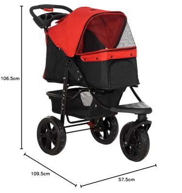 PawHut Складаний візок для собак, переноска для тварин, маленький візок для собак з 3 колесами, сітчасте вікно, кошик для зберігання та ремені безпеки, 109,5x57,5x106,5 см, Червоний
