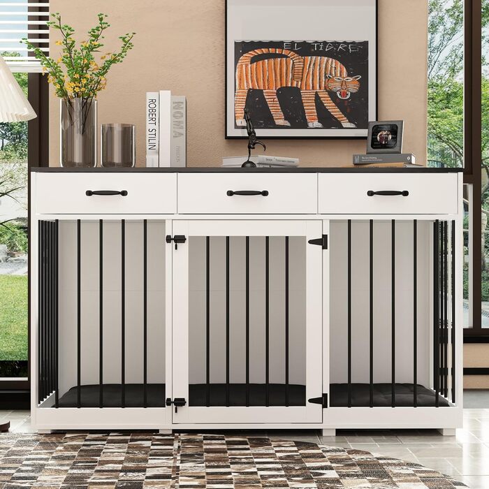 Клітка для собак для дому, металева, XXL, з шухлядами, 137 x 57 x 85 см, чорно-біла