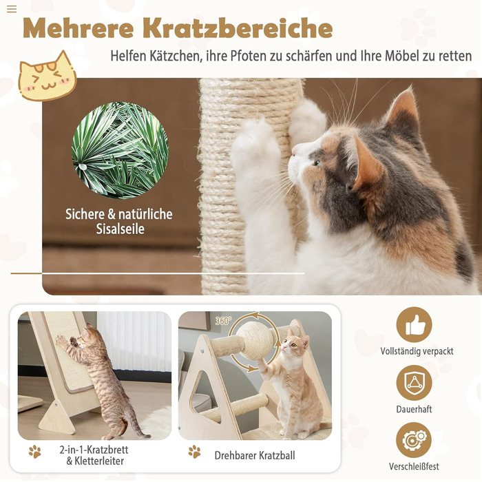 Дерев'яний кігтеточки Costway 155 см: кігтеточки для котів з м'ячем, сизаль, пандус, кошик, активний комплекс, ігровий будиночок, кімнатний кігтеточки, бежевий