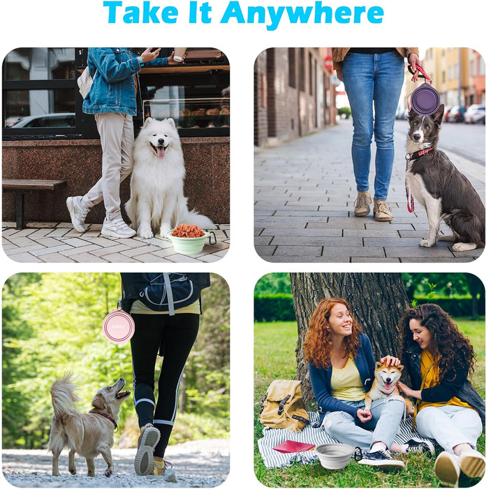 Складні миски для собак PetBonus, 2 шт. Силіконові дорожні миски для води та їжі для собак та котів, з карабіном (Сірий, Кремово-рожевий), 1000 мл