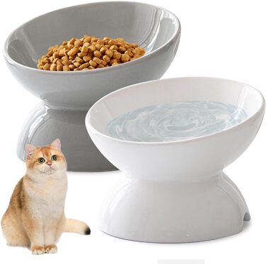 Підвищені годівниці для котів 2 шт. - керамічні миски для корму з захистом від перекидання, білі та сірі