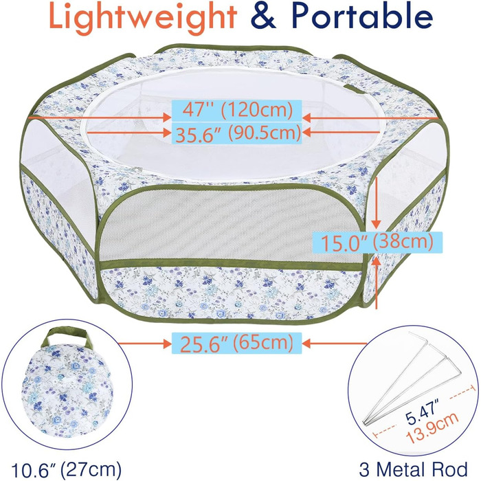 Pawaboo: Фрейгехеге для дрібних тварин, водовідштовхуваний, складаний, для кроликів, курей, кошенят, цуценят, кроликів, хом'яків. Візуальний вольєр з сіткою, блискавкою та нейлоновим дном (Синій + Білий квітковий принт)