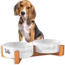 Миска для собак OWLBOOK з гравіюванням імені, керамічна миска для корму та води з бамбуковим підставкою, 300 мл