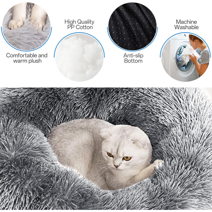 М'яке ліжко для собак та котів Doughnut, Ø80 см, сірий колір. Зручне, миється, з антиковзаючою основою. Підходить для великих, середніх та маленьких собак та кошенят. Розмір: 80x80x20 см (для тварин до 25 кг)
