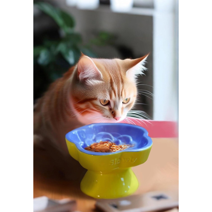 Миска для повільного годування домашніх тварин, керамічна, піднята та нахилена, для котів та маленьких собак, запобігає блювоті та удушенню (Рожева, Блакитна)
